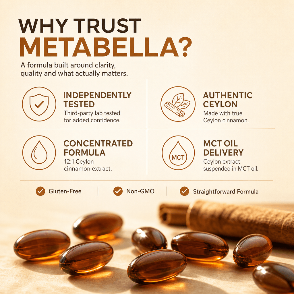 Metabella Ceylon Cinnamon features: true Ceylon, 12:1 concentrated extract, MCT oil, with amber softgels