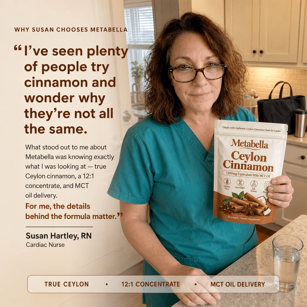 Woman in scrubs holding a pouch of Metabella Ceylon Cinnamon softgels