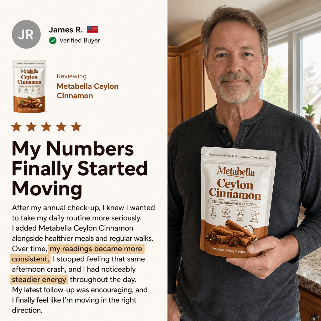 Man holding a pouch of Metabella Ceylon Cinnamon 7200mg softgels at home