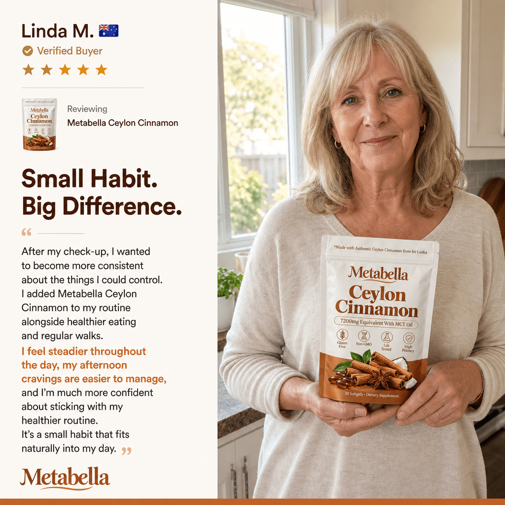Woman holding a pouch of Metabella Ceylon Cinnamon softgels in her kitchen