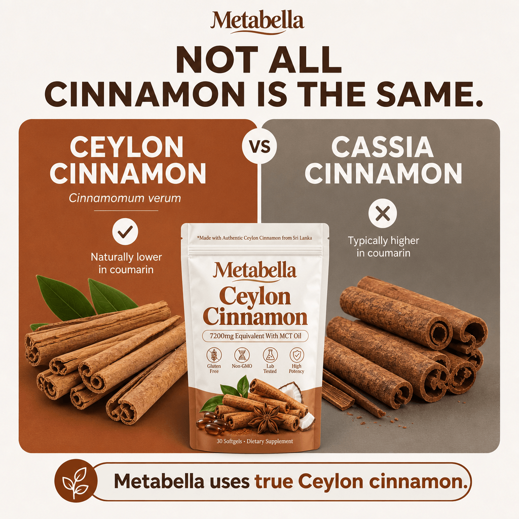 Ceylon vs cassia cinnamon: Metabella uses true Ceylon cinnamon, naturally lower in coumarin