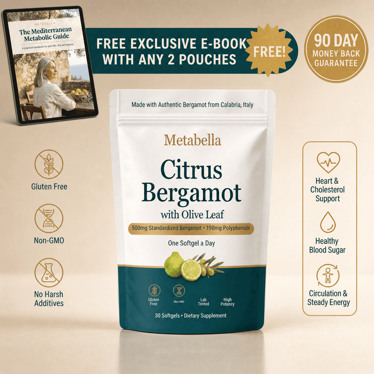 Metabella Citrus Bergamot with Olive Leaf pouch, 30 softgels, with The Mediterranean Metabolic Guide e-book