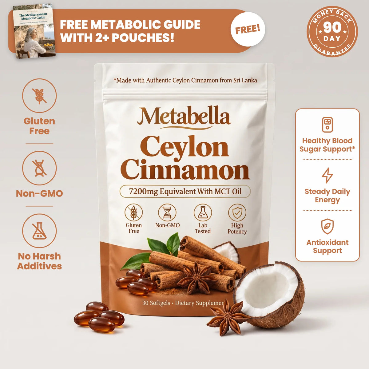 Metabella Ceylon Cinnamon pouch with cinnamon sticks, star anise, coconut and softgels