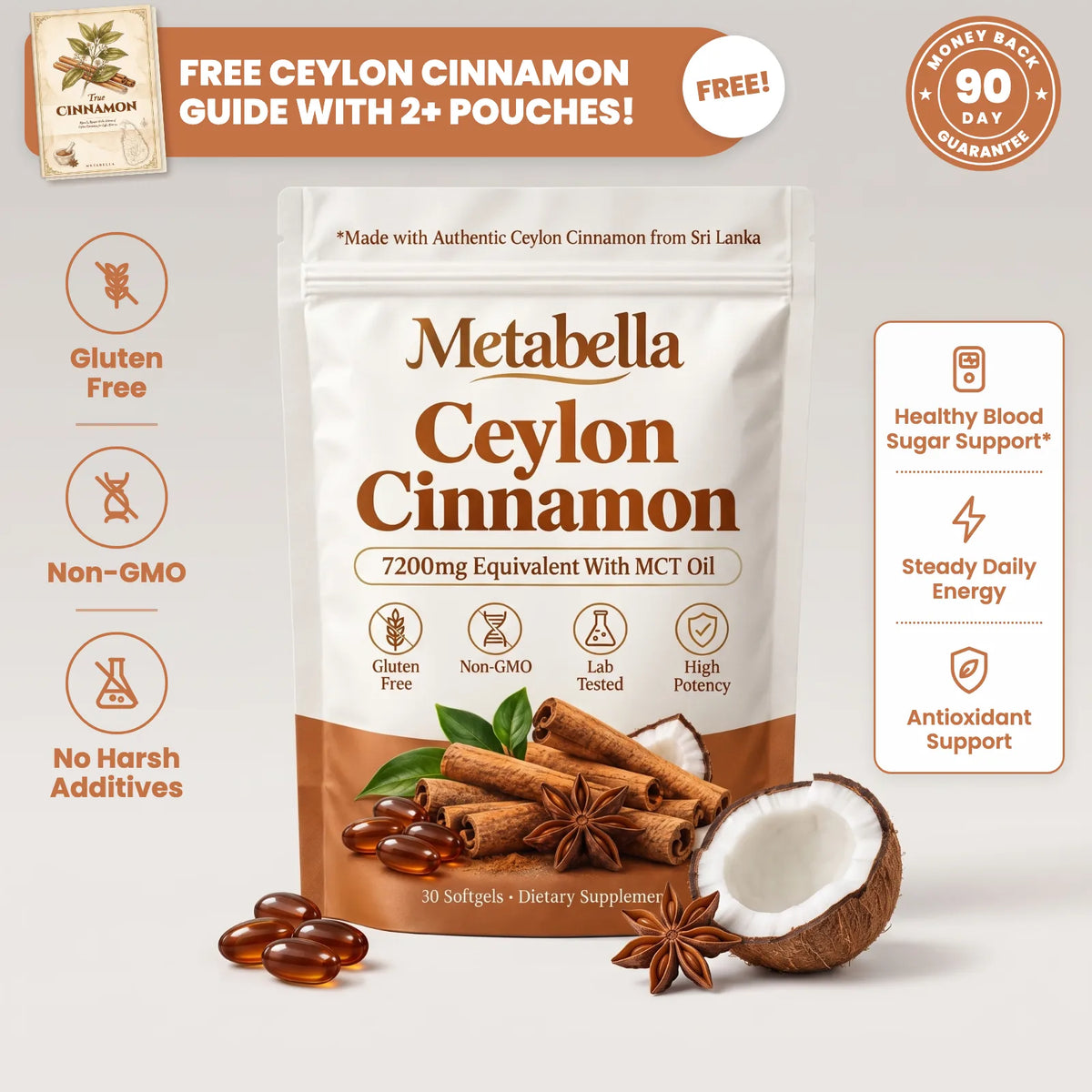 Metabella Ceylon Cinnamon pouch with the free True Cinnamon guide e-book