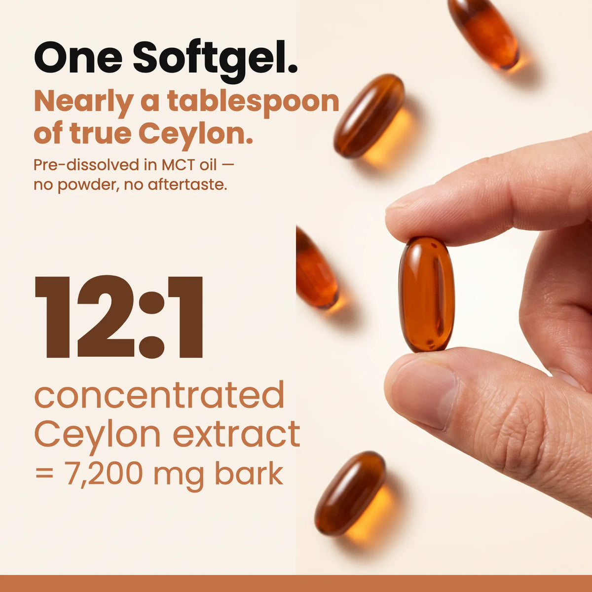 One softgel with nearly a tablespoon of true Ceylon, pre-dissolved in MCT oil